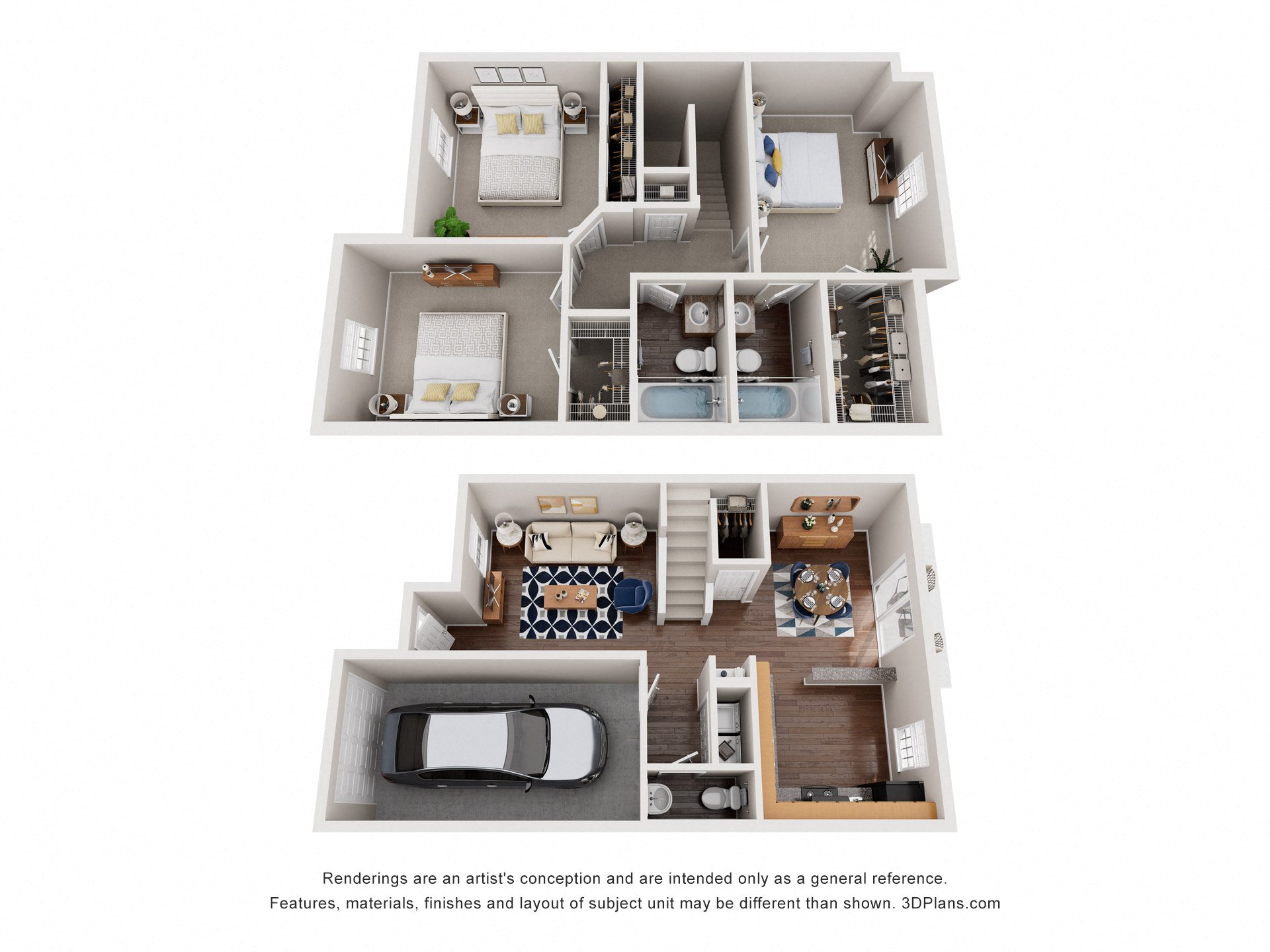 Floor plan for 3 beds, 2.5 baths, 1363 sqft